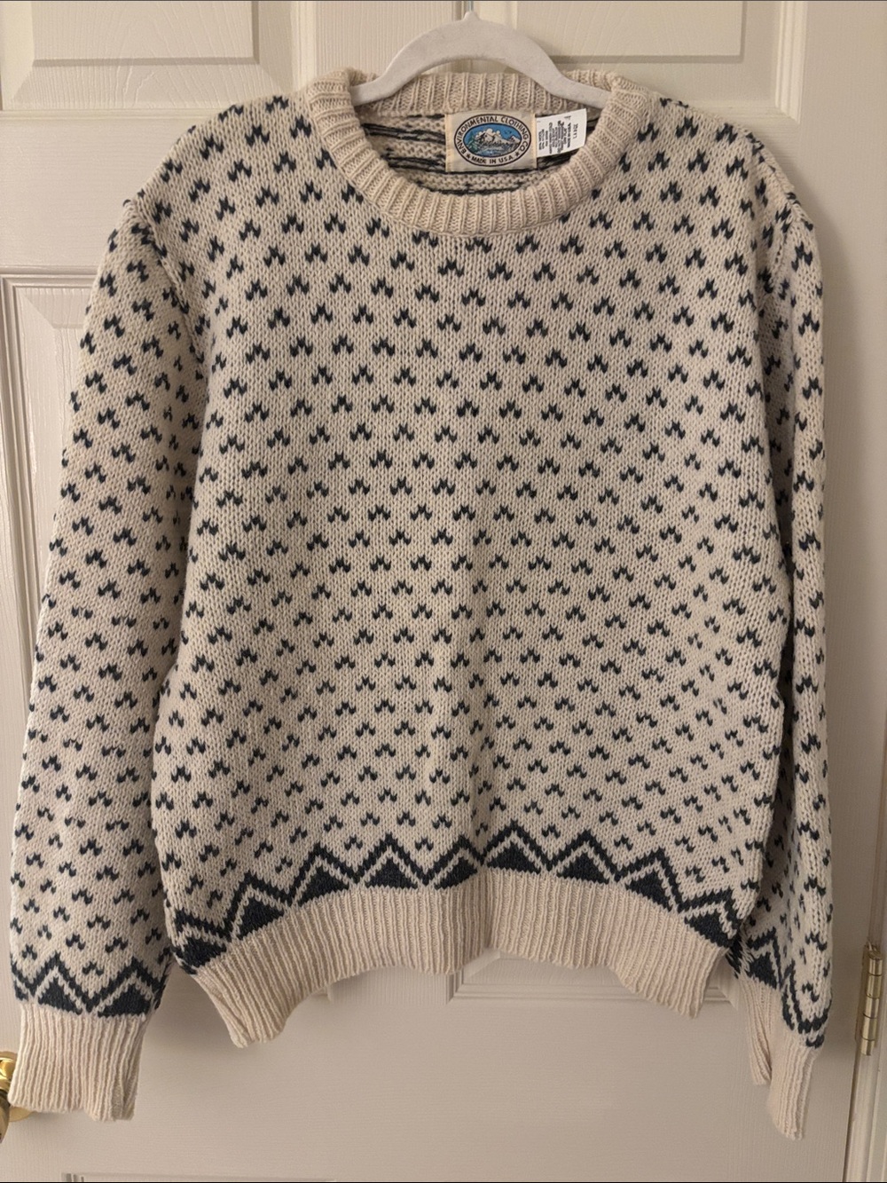 Men's Cream and Grey Crewneck Sweater - Wool Vintage Large